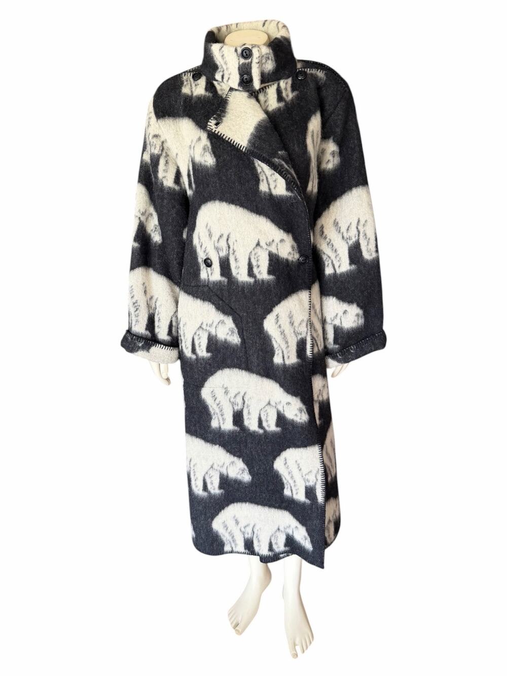 Lillunn Norway Black White Polar Bear Wool Blanket Coat Scandinavian Vintage M